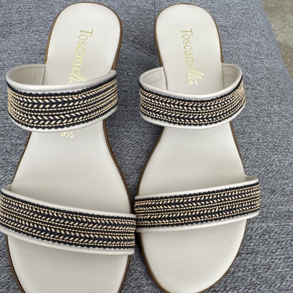 Toscanella Handmade Italy Ella Cream with Gold Black Accent Wedge Sandal SZ 9.5 - Picture 6 of 16